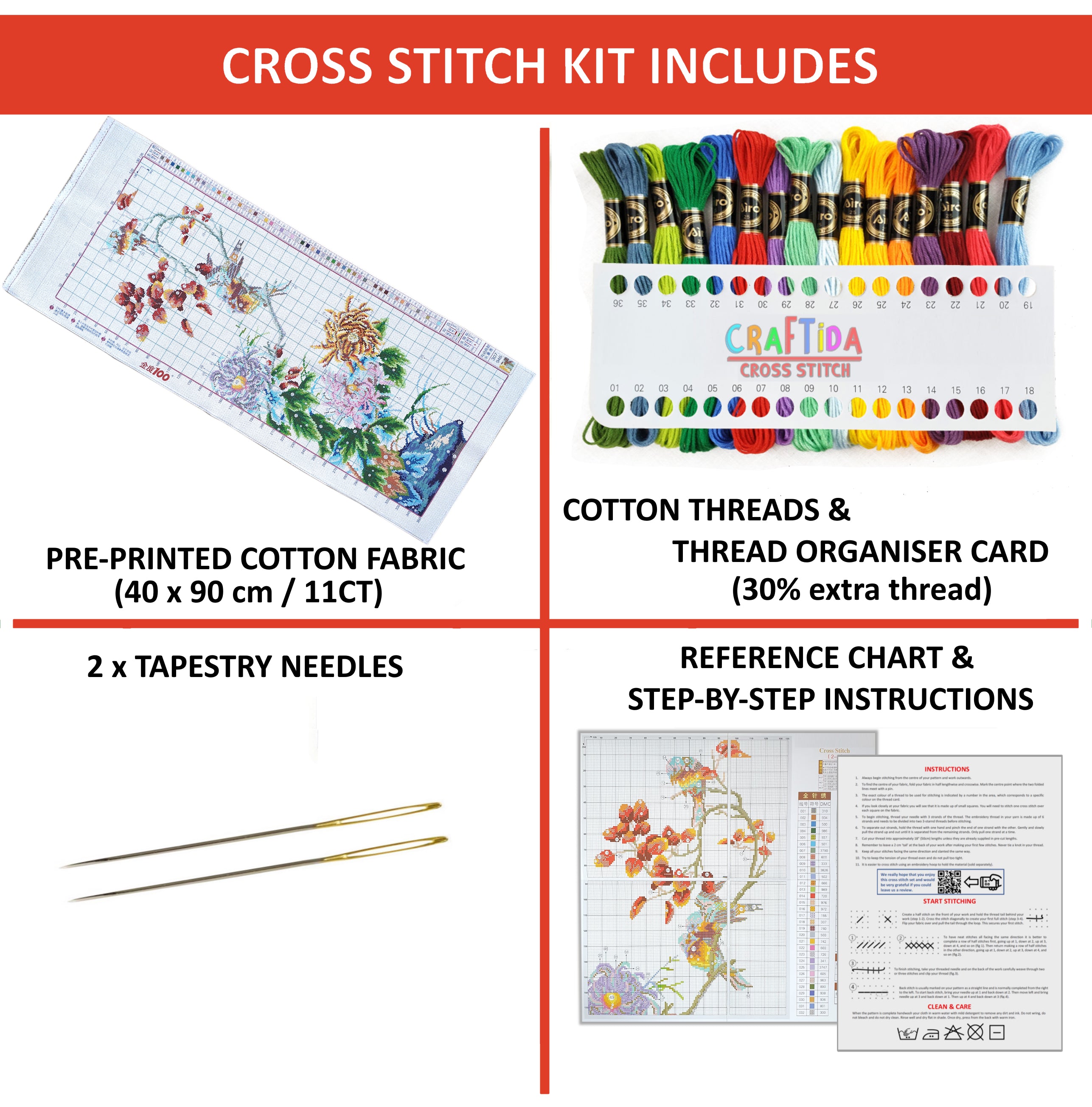 Kit De Point De Croix Fille - Toile 40x40cm 11CT, Fils Coton écologique, Motif Inclus