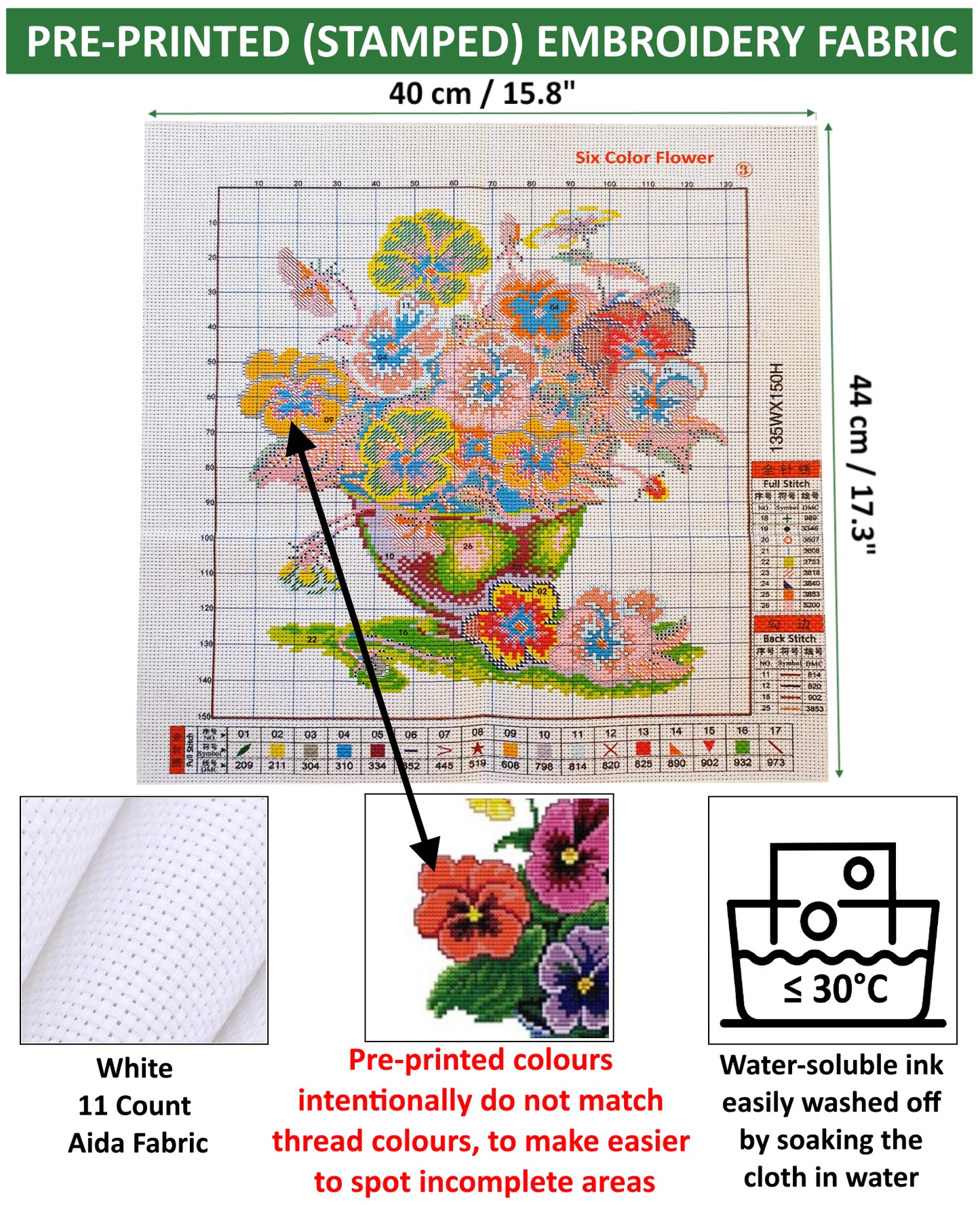 Cross Stitch Kit 40x44cm 11CT (Six Color Flower)